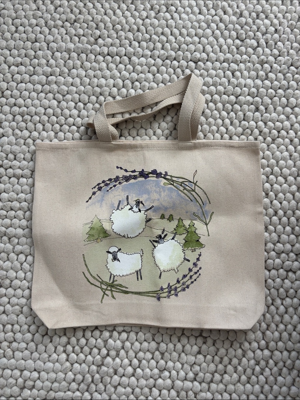 Beige Canvas Tote Bag with Sheep and Lavender Print